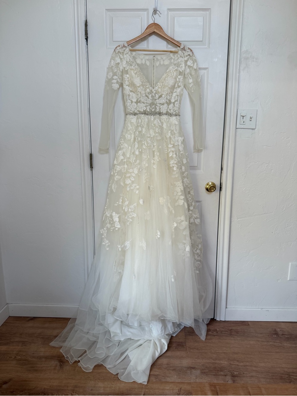 Galina Signature SWG820 Cream Lace A-Line Wedding Gown with Sheer Long Sleeves